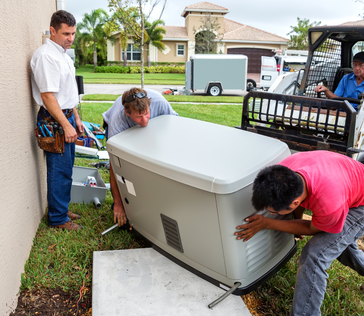People positioning a residential generator; service image from the existing company website